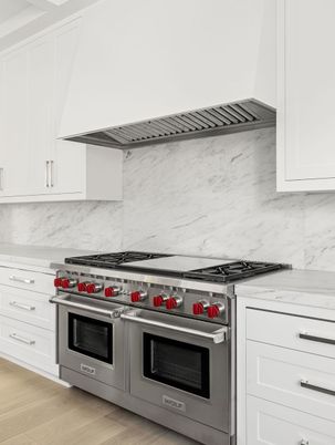 Interior, Kitchen, Marble Walls, Stainless Steel Appliances, Wood Texture Flooring