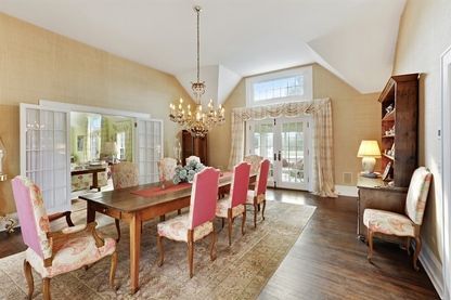 Chandelier, Dining room, Interior, Wood Texture Flooring