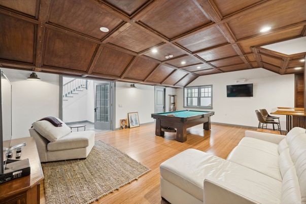 Billiard Table, Game Room, Interior, Recessed Lighting, Wooden Beams, Wooden Ceilings, Wood Texture Flooring