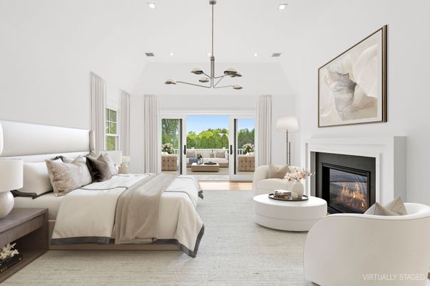 Bedroom, Chandelier, Fireplace, Interior, Pendant Lights, Recessed Lighting, Wood Texture Flooring