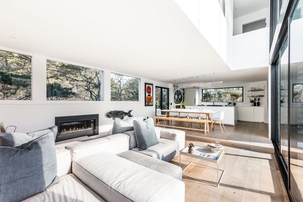 Dining room, Fireplace, Interior, Living room, Pendant Lights, Recessed Lighting