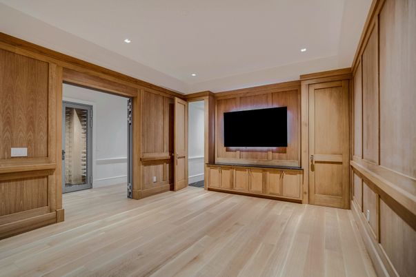 Empty room, Interior, Recessed Lighting, Wood Texture Flooring, Wooden Walls