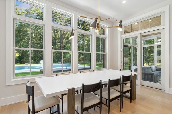 Dining room, Interior, Pendant Lights, Recessed Lighting, Sun Room, Wood Texture Flooring