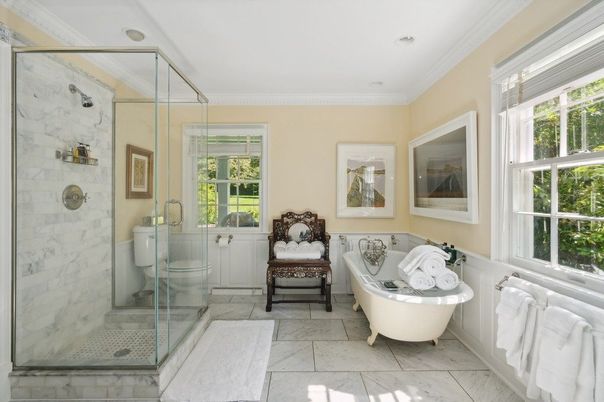 Bathroom, Free Standing Baths, Glass Shower, Interior, Marble, Marble Walls, Recessed Lighting