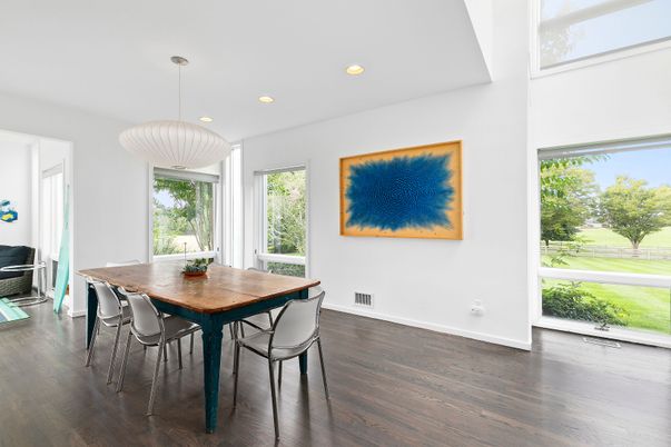 Dining room, Interior, Pendant Lights, Recessed Lighting, Wood Texture Flooring