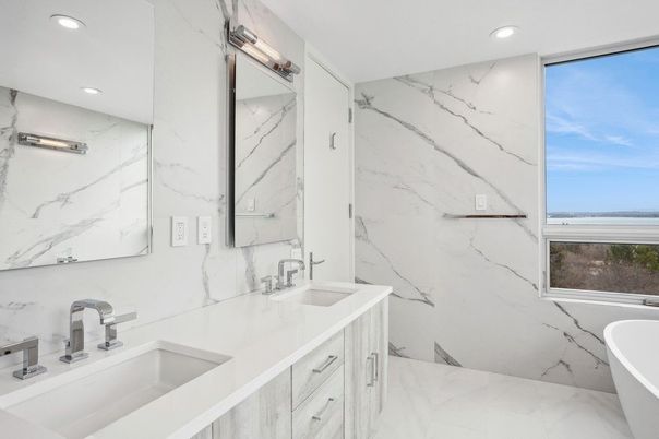 Bathroom, Dual Sink Vanities, Free Standing Baths, Interior, Marble, Marble Walls, Recessed Lighting