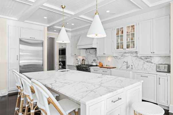 Interior, Kitchen, Marble Walls, Pendant Lights, Recessed Lighting, Stainless Steel Appliances