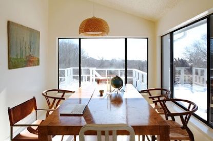 Dining room, Interior, Pendant Lights, Wood Texture Flooring