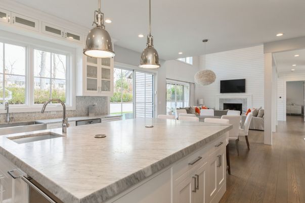 Dining room, Fireplace, Interior, Kitchen, Living room, Pendant Lights, Recessed Lighting, Stainless Steel Appliances, Wood Texture Flooring