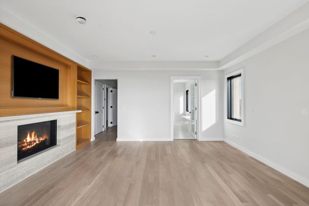 Empty room, Fireplace, Interior, Recessed Lighting, Wood Texture Flooring