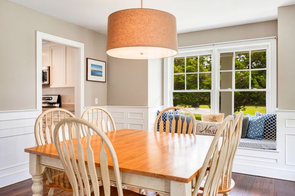 Dining room, Interior, Pendant Lights, Wood Texture Flooring