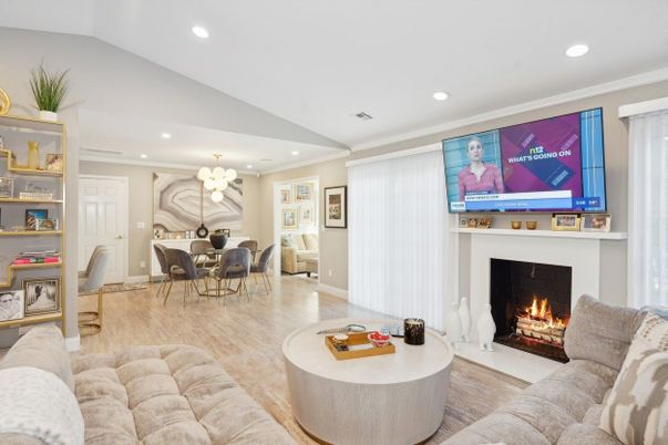 Chandelier, Dining room, Fireplace, Interior, Living room, Recessed Lighting, Wood Texture Flooring