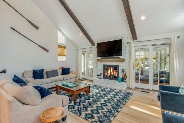 Fireplace, Interior, Living room, Recessed Lighting, Wooden Beams, Wood Texture Flooring