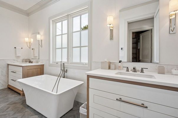 Bathroom, Dual Sink Vanities, Free Standing Baths, Interior, Wood Texture Flooring