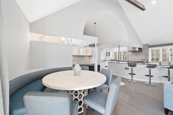 Dining room, Interior, Kitchen, Pendant Lights, Recessed Lighting, Wood Texture Flooring