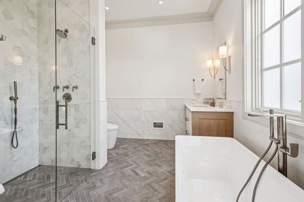 Bathroom, Free Standing Baths, Glass Shower, Interior, Marble Walls, Recessed Lighting