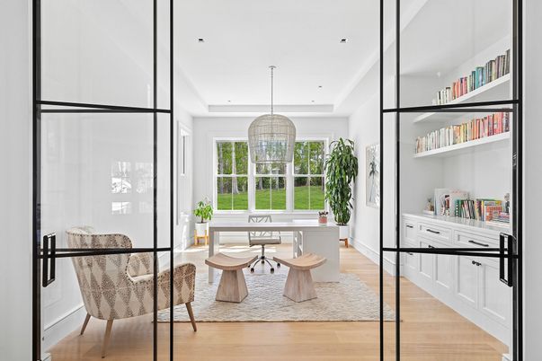 Home Office, Interior, Pendant Lights, Recessed Lighting, Wood Texture Flooring