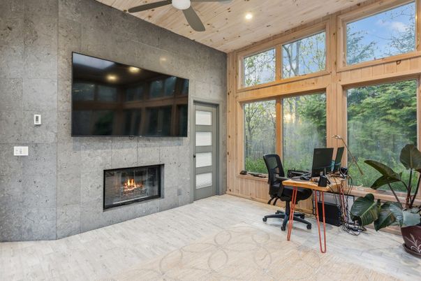 Fireplace, Home Office, Interior, Recessed Lighting, Wooden Ceilings, Wood Texture Flooring