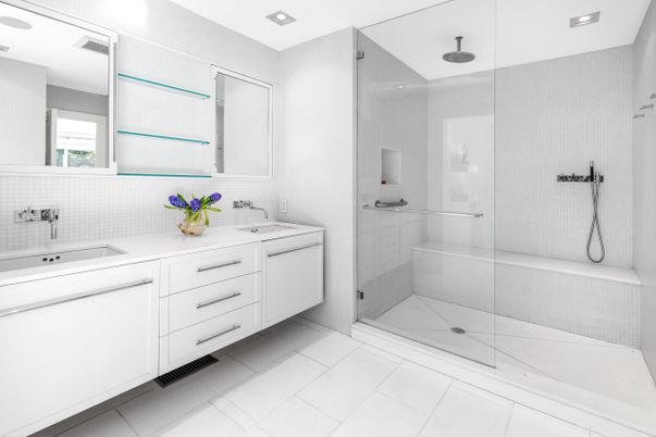 Bathroom, Dual Sink Vanities, Glass Shower, Interior, Recessed Lighting