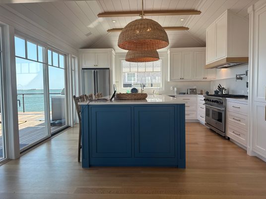 Chandelier, Interior, Kitchen, Recessed Lighting, Stainless Steel Appliances, Water, Wooden Beams, Wooden Ceilings, Wood Texture Flooring