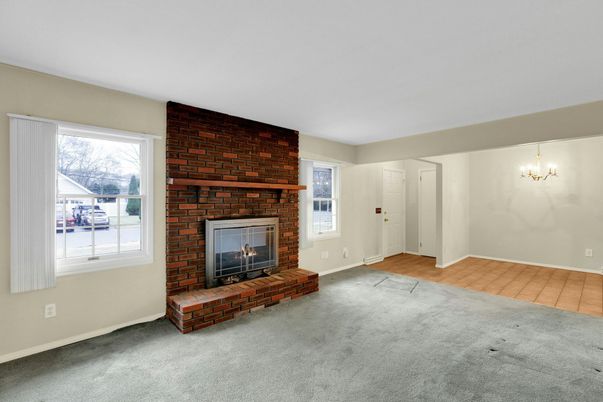 Chandelier, Empty room, Fireplace, Interior, Stone Walls, Wood Texture Flooring