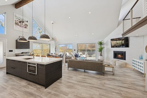 Fireplace, Interior, Kitchen, Living room, Pendant Lights, Recessed Lighting, Wooden Beams, Wood Texture Flooring