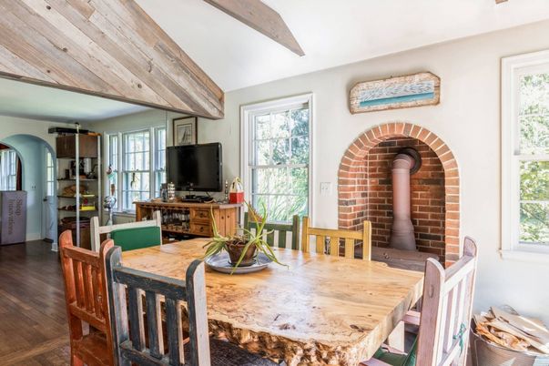 Dining room, Interior, Stone Walls, Wooden Beams, Wood Texture Flooring