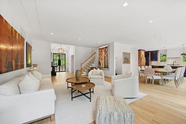 Dining room, Interior, Living room, Pendant Lights, Recessed Lighting, Wood Texture Flooring