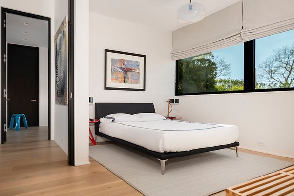 Bedroom, Interior, Pendant Lights, Wood Texture Flooring