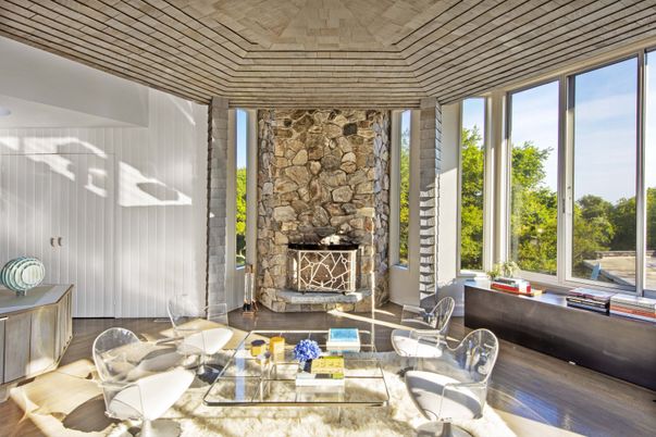 Fireplace, Interior, Living room, Stone Walls, Wood Texture Flooring