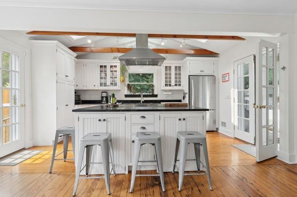 Interior, Kitchen, Recessed Lighting, Stainless Steel Appliances, Wooden Beams, Wood Texture Flooring