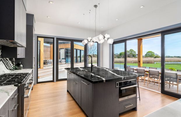Interior, Kitchen, Pendant Lights, Recessed Lighting, Stainless Steel Appliances, Water, Wood Texture Flooring