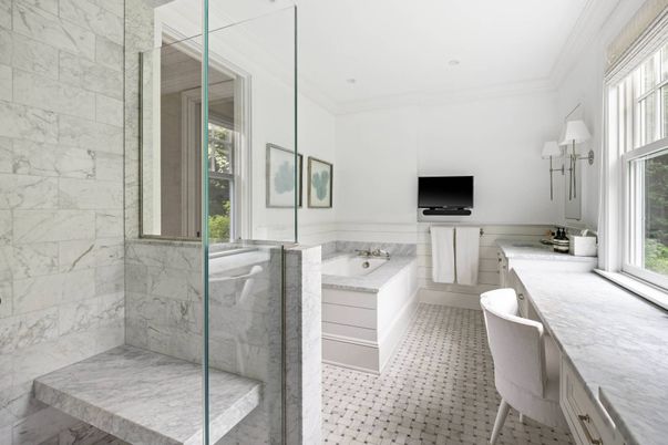 Bathroom, Glass Shower, Interior, Marble Walls, Recessed Lighting