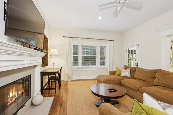 Fireplace, Interior, Living room, Recessed Lighting, Wood Texture Flooring