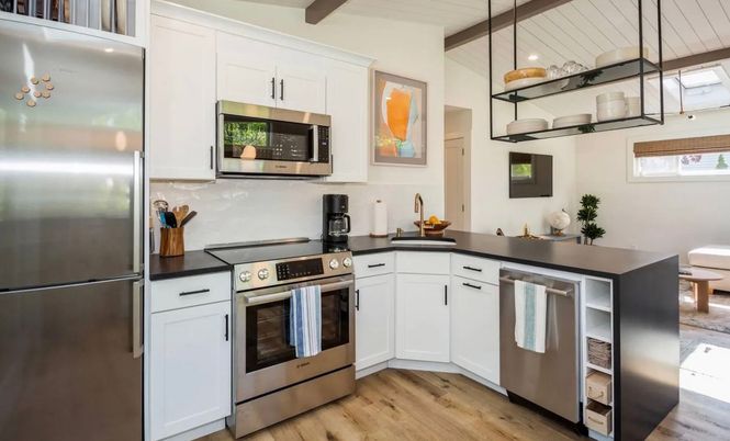 Interior, Kitchen, Pendant Lights, Stainless Steel Appliances, Wood Texture Flooring