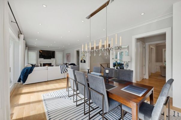 Dining room, Fireplace, Interior, Living room, Pendant Lights, Recessed Lighting, Wood Texture Flooring