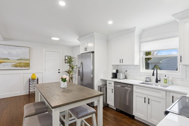 Interior, Kitchen, Recessed Lighting, Stainless Steel Appliances, Wood Texture Flooring
