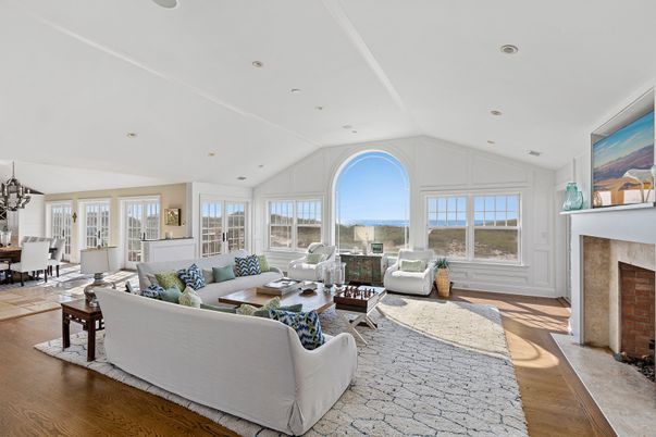 Chandelier, Dining room, Fireplace, Interior, Living room, Recessed Lighting, Wood Texture Flooring