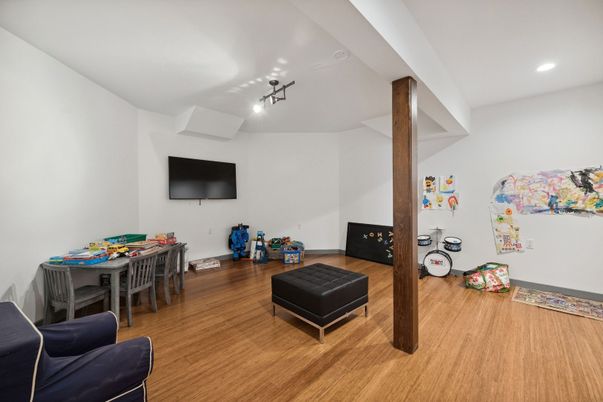 Dining room, Interior, Recessed Lighting, Wood Texture Flooring
