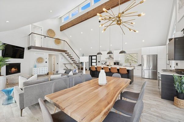 Dining room, Fireplace, Interior, Kitchen, Living room, Pendant Lights, Recessed Lighting, Stainless Steel Appliances, Wooden Beams, Wood Texture Flooring