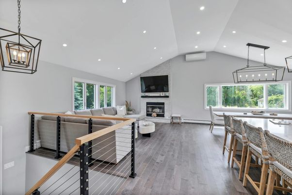 Fireplace, Interior, Living room, Pendant Lights, Recessed Lighting, Wood Texture Flooring