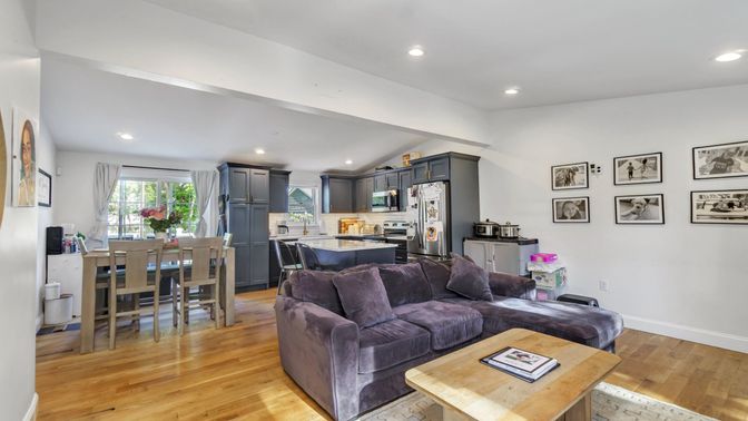 Dining room, Interior, Kitchen, Living room, Recessed Lighting, Stainless Steel Appliances, Wood Texture Flooring
