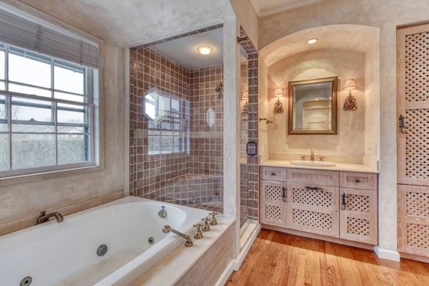 Bathroom, Glass Shower, Interior, Recessed Lighting, Wood Texture Flooring