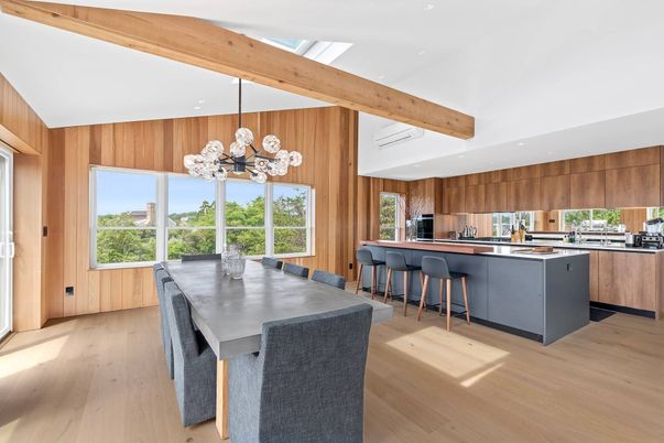 Dining room, Interior, Kitchen, Pendant Lights, Recessed Lighting, Wooden Beams, Wood Texture Flooring