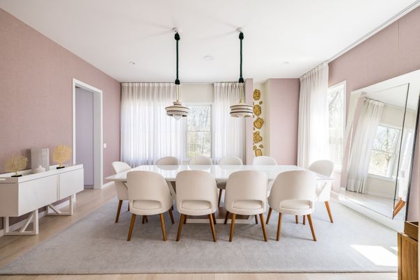 Dining room, Interior, Pendant Lights, Recessed Lighting, Wood Texture Flooring