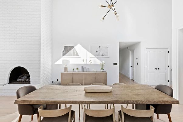 Dining room, Fireplace, Interior, Pendant Lights, Stone Walls, Wood Texture Flooring