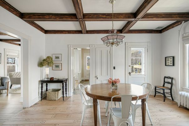 Chandelier, Dining room, Interior, Pendant Lights, Wooden Beams, Wood Texture Flooring