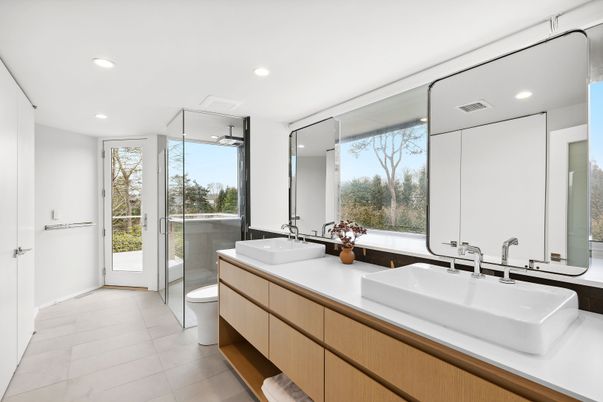 Bathroom, Dual Sink Vanities, Glass Shower, Interior, Recessed Lighting