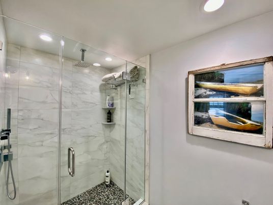 Bathroom, Glass Shower, Interior, Marble Walls, Recessed Lighting