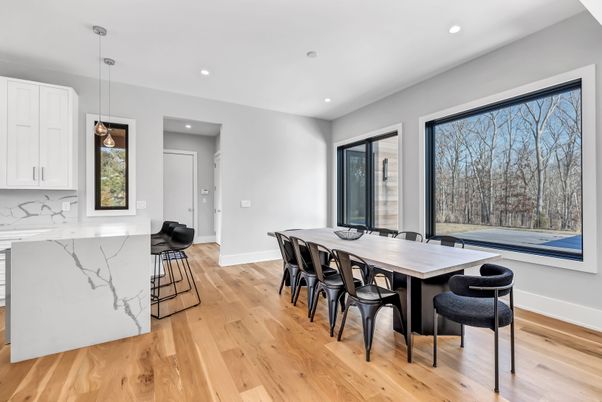 Dining room, Interior, Recessed Lighting, Wood Texture Flooring